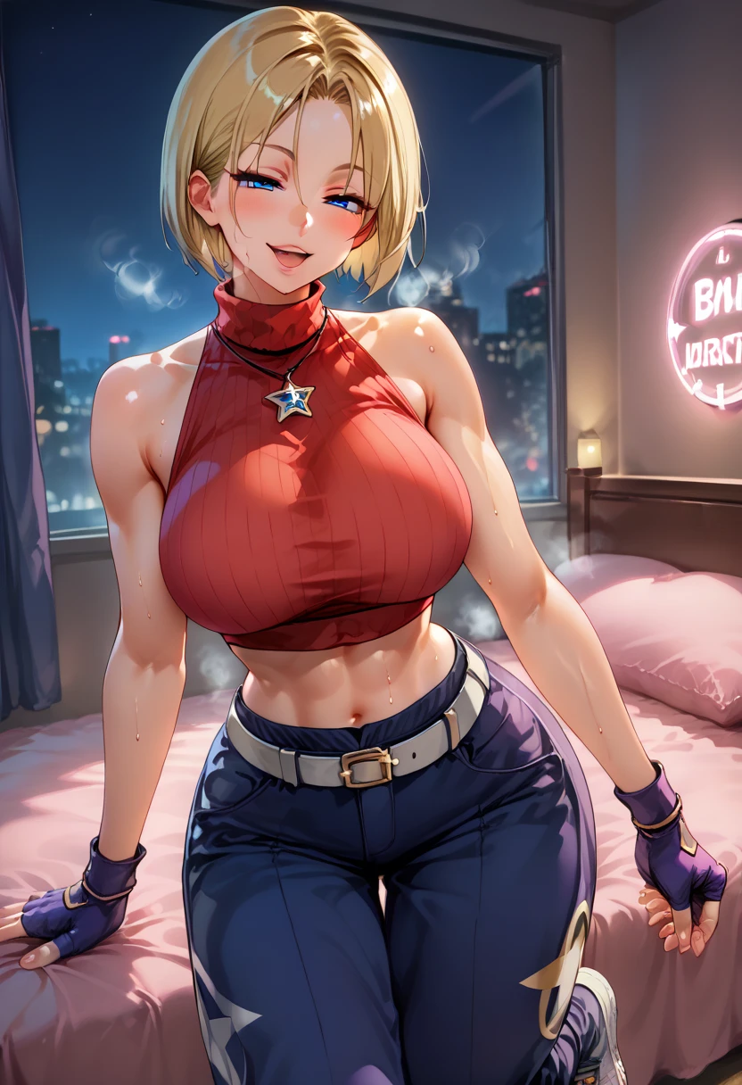 maryms, Best quality,(Big breasts are beautiful), 1 plump girl,physically-based renderingt ,Ultra-high sharpness,Willow waist，Red underwear, Skinny, multiple sclerosis. Leona ,Muscular, Big blue eyes,legs long,denim pant,A virgin,Small under breasts,Puffy eyes, A virgin,(rainy city), Skin glows, face to the viewer, Winning pose,