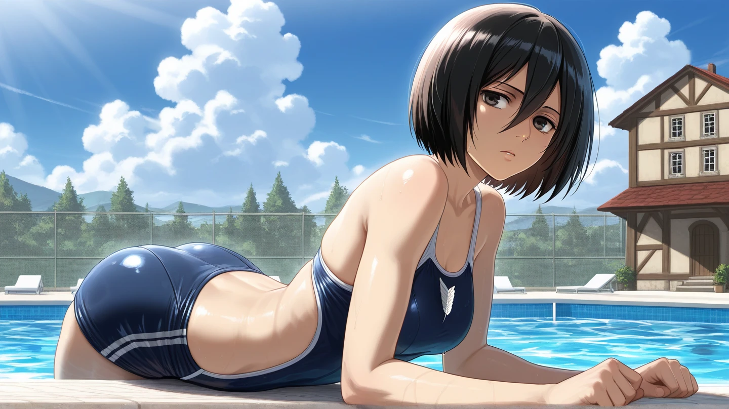 masterpiece, best quality, highres, hmkm1, short hair, ponytail, striped bikini, side-tie bikini bottom, medium breasts, cowboy shot, poolside, sitting, wet,