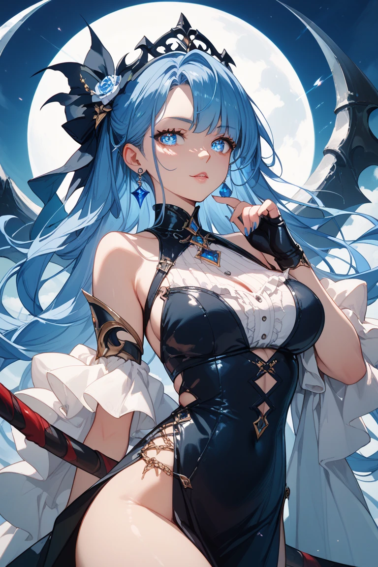 (masterpiece), (best quality), (ultra detailed), (2K), (disheveled hair),(illustration), (18 year old girl), (Fashionable clothing), standing, Fashion model, looking at viewer, (interview), (blurred background), beautiful detailed eyes, delicate beautiful face, Floating, (high saturation), (colorful splashes), colorful bubble, (shining), ponytail, light blue hair, bangs, hair ring, floating hairs, (shining), best lighting, best shadow, long hair, short skirt, (demon girls), horns, raised hem of the skirt, exposed pussy and ass, bare breasts, small round breast, gorgeous ass, crossbow, magical spell, hot sexy girls, red hair,