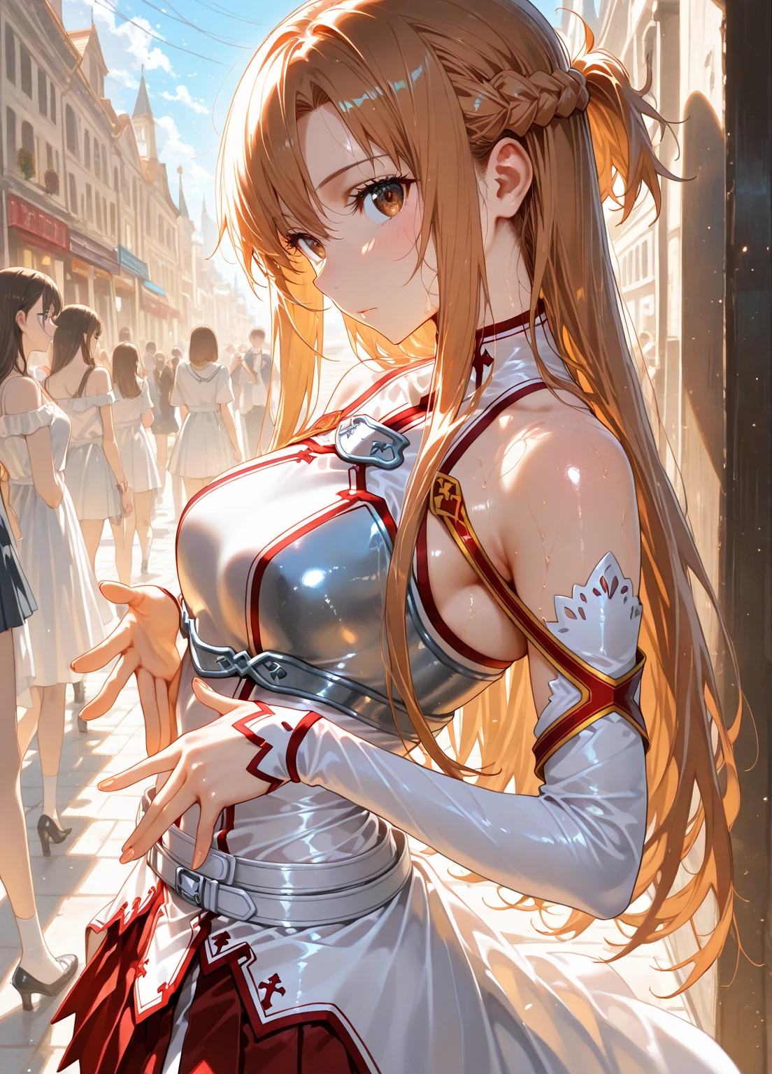 animetoreal,soft light, masterpiece, best quality, realistic,photorealistic,1girl,,asuna_(sao), sword_art_online, brown_eyes, brown_hair, long_hair, very_long_hair, braid, french_braid,armor, armored_dress, breastplate, white_armor, belt, white_belt, dress, white_dress, detached_sleeves, elbow_gloves, gloves, sleeveless, sleeveless_dress, miniskirt, pleated_skirt, red_skirt, skirt, thighhighs, white_thighhighs, zettai_ryouiki,,in an amusement_park,tongue out,blur background,background defocus