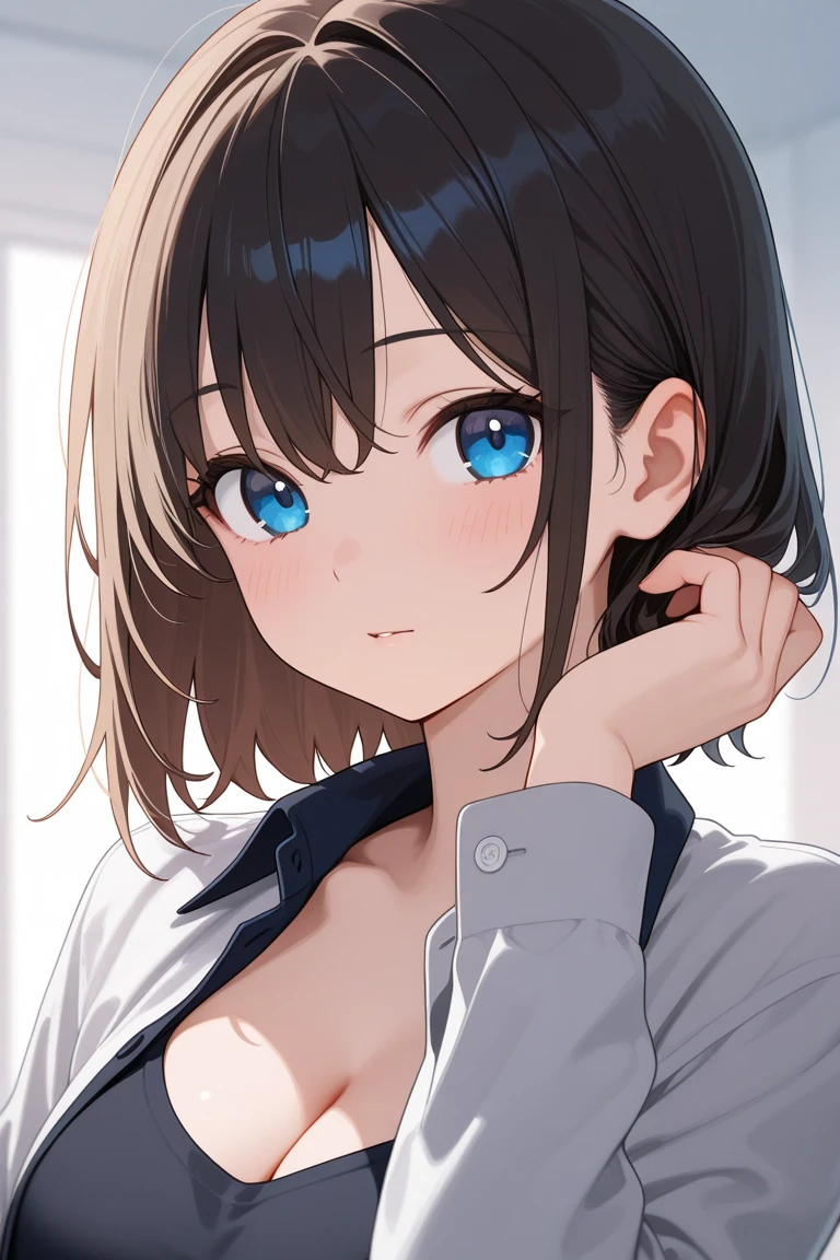 1girl,small breasts,short hair,brown hair,(swept bangs),half-smile,(narrowed eyes),groomed eyebrows,looking at viewer,faint lips,closed mouth,blue eyes,
BREAK long sleeved,pink cardigan,black long skirt,one breast out,standing,dress shirt,black bra,(leaning forward,arms behind back),
BREAK ((bust shot)),indoor,locker room,
BREAK score_9,score_8_up,source_anime,(score_7_up, score_6_up:0.8),rating_explicit,source_anime,color line art,uncensored,