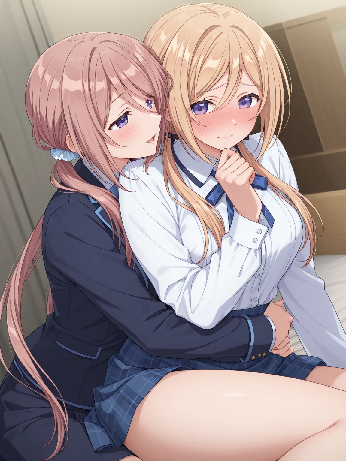 masterpiece, Highest quality, so beautiful, absurdes,High resolution,One girl, (((One littleboy))),Cuddling in bed, like,sexly,Look at each one, blush,Age difference,bow tie,bionde,chest,pleated skirt,Tucked in shirt,Tent shirt,just good,NSFW,((Boys smaller than girls,Boy is smaller than women)),sex,physique difference,Sex Education