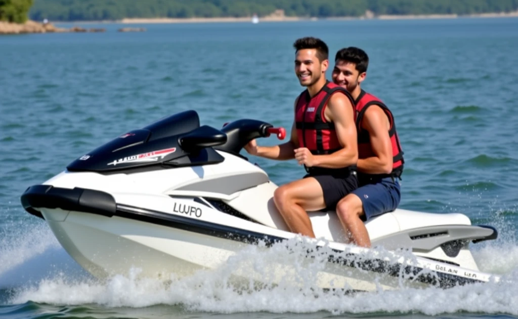 Shirtless male lifeguard riding jetski