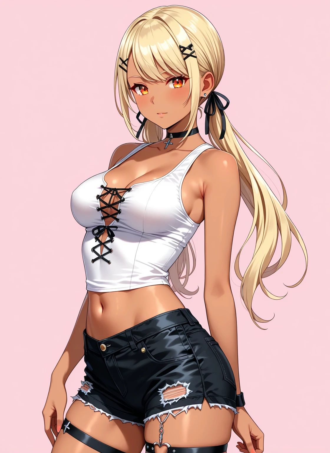 "hermosa chica con cabello blanco y ojos rojos con ropa estilo Barcelona, shorts cortos, pecho grande, sonriendo y cuerpo perfecto"