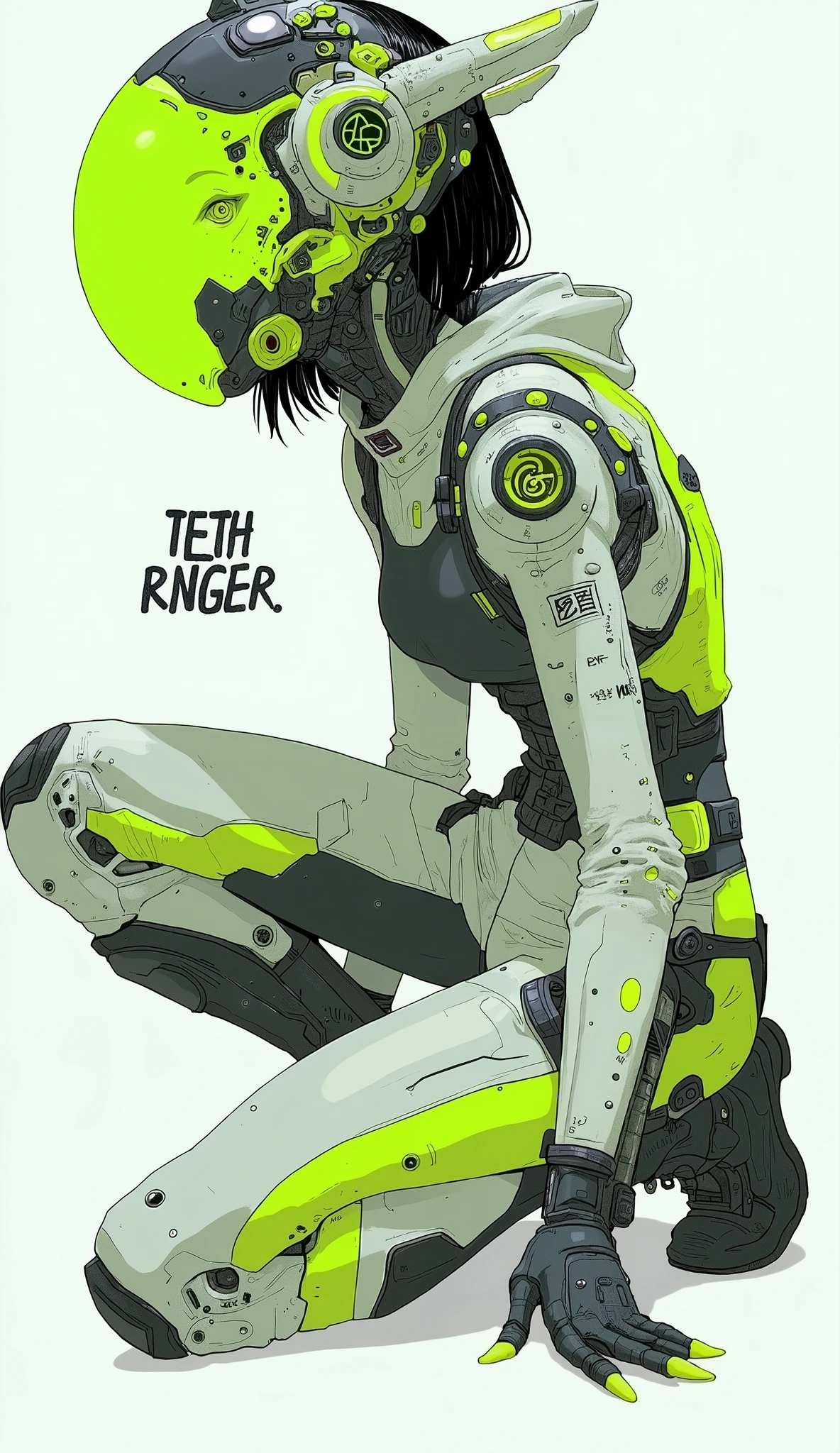 form-fit suits suggest the impact of technology and aerodynamics. The costume design is impressive, It makes use of the bright shades of green and white, text with bold black accents. This sophisticated , ヘルメットのデザインfor角張ったラインとAが取り入れられています複雑な構造, is reminiscent of sci-fi and cybernetic themes. Suggests movement and purpose, Colourful designs and insignia, for "BLUE INC," depicts a futuristic character in a bright costume kneeling. gloves and boots have similar motifs, The overall vibe is energetic and futuristic. despite the simplicity of this background, exudes a sense of unity with the rest of the ensemble. Decorated with, suggests the identity of the wearer or organization they belong to {x} You can probably guess the high-tech nature of the suit and its function or an imaginative setting emphasizes.