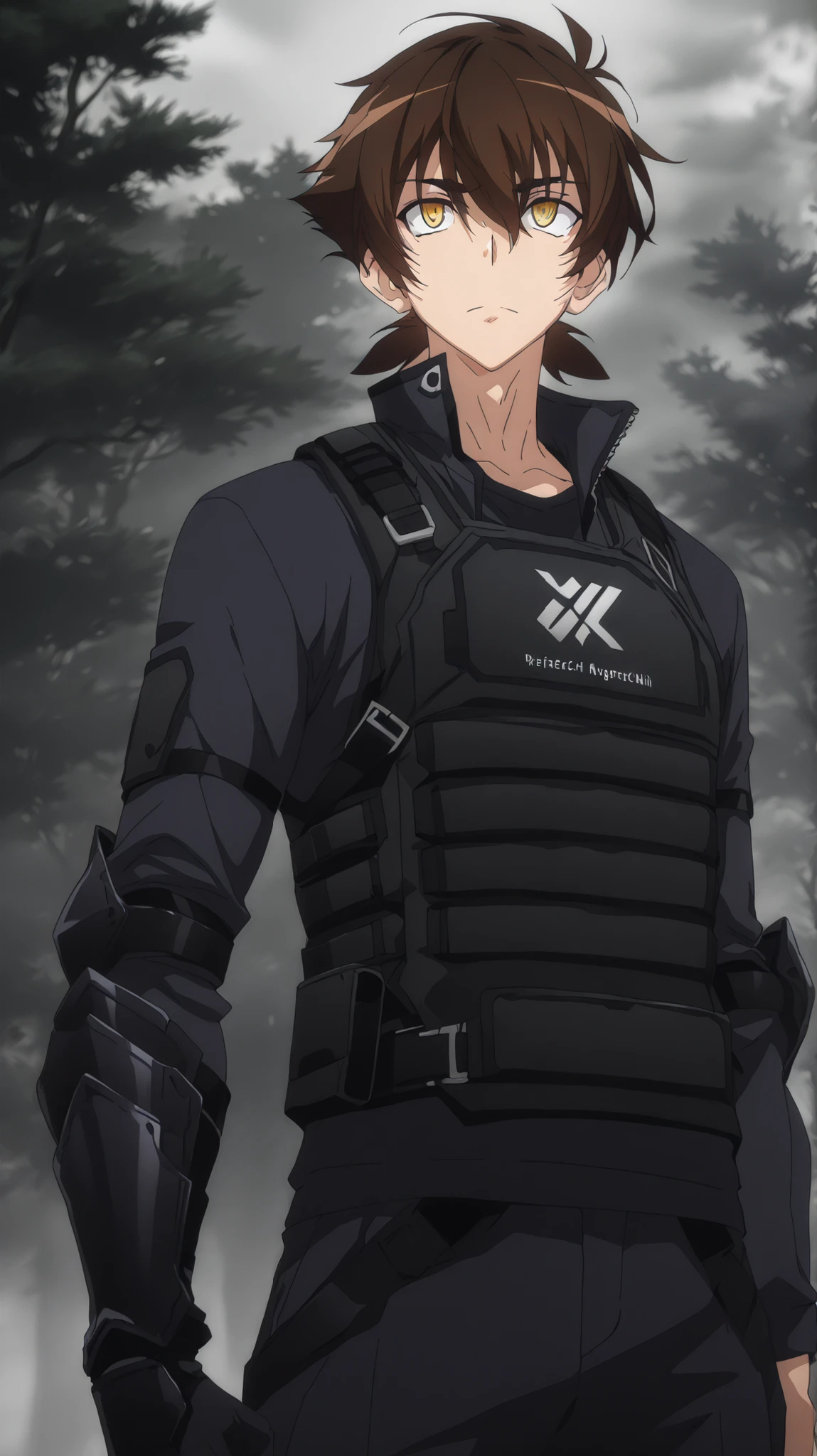 absurdres, (((Ultra HD))), (((Ultra High Quality))), ((hyper detailed)), ((Ultra High Resolution)), (Highly rendered), ((detailed eyes)), (((8K))), ((perfect face)), ((masterpiece)), cinematic, solo, 1boy, tall, short hair, dark brown hair, yellow eyes, tactical clothes, black shirt, bulletproof vest, long sleeves, left black gauntlet, tactical gloves, black pants, forest background