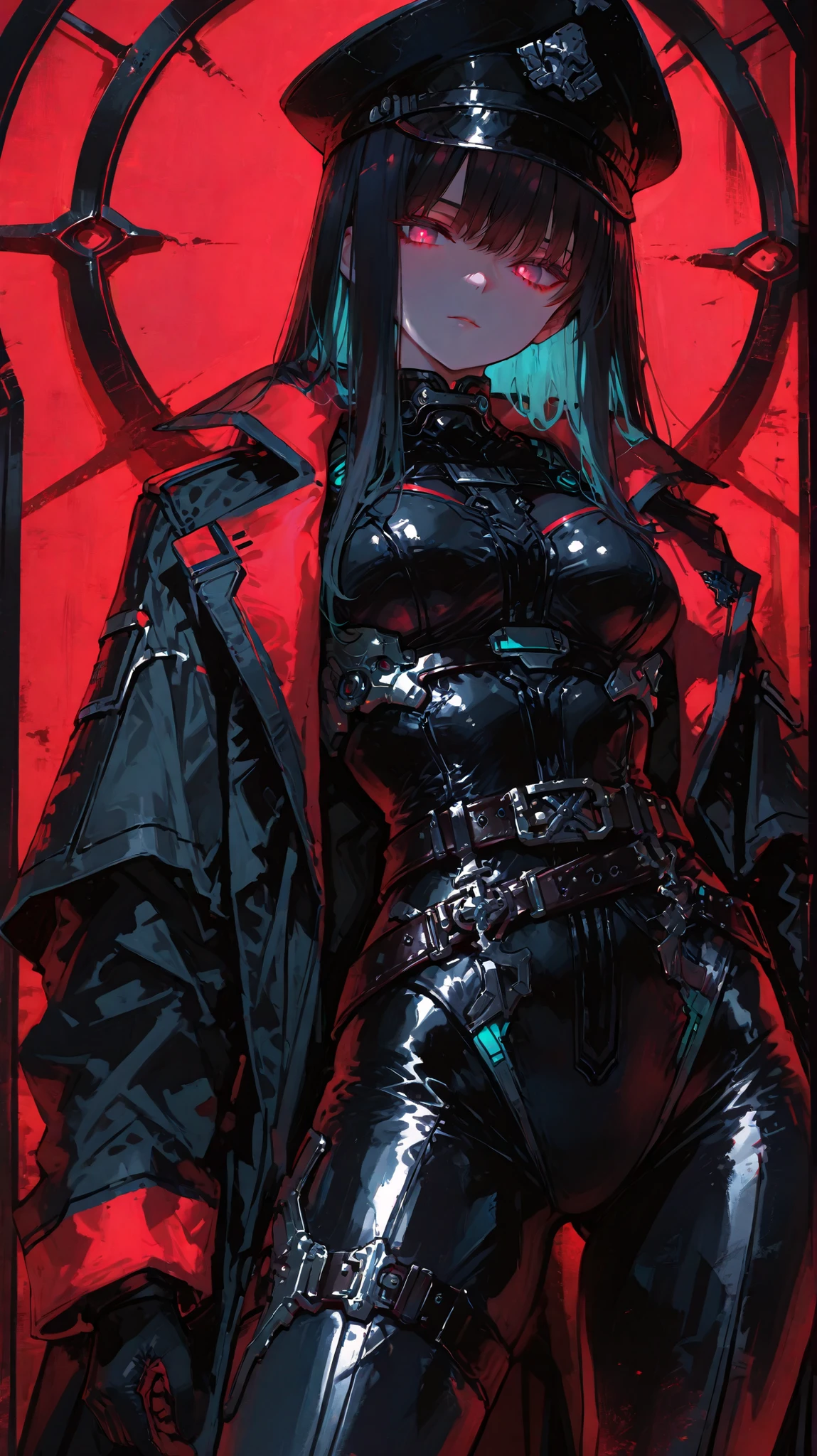 (Unbelievable high resolution ,masterpiece, ultra-detailed, 8K, high quality anime art, dramatic lighting, cinematic shadow), a tall and sexy female character (height 173 cm), confident and mysterious expression, long black hair , turquoise colored inner hair , glowing red eyes, D-cup bust, wearing a glossy black military-style bodysuit with leather belts, metal ornaments, and a peaked officer cap, futuristic gothic design, dark coat with red accents and symbols, standing against a vivid red background. The lighting is high-contrast and dramatic, with reflective surfaces on the suit emphasizing curves and armor texture. Stylish pose, slightly tilting her cap, radiating authority and allure.
