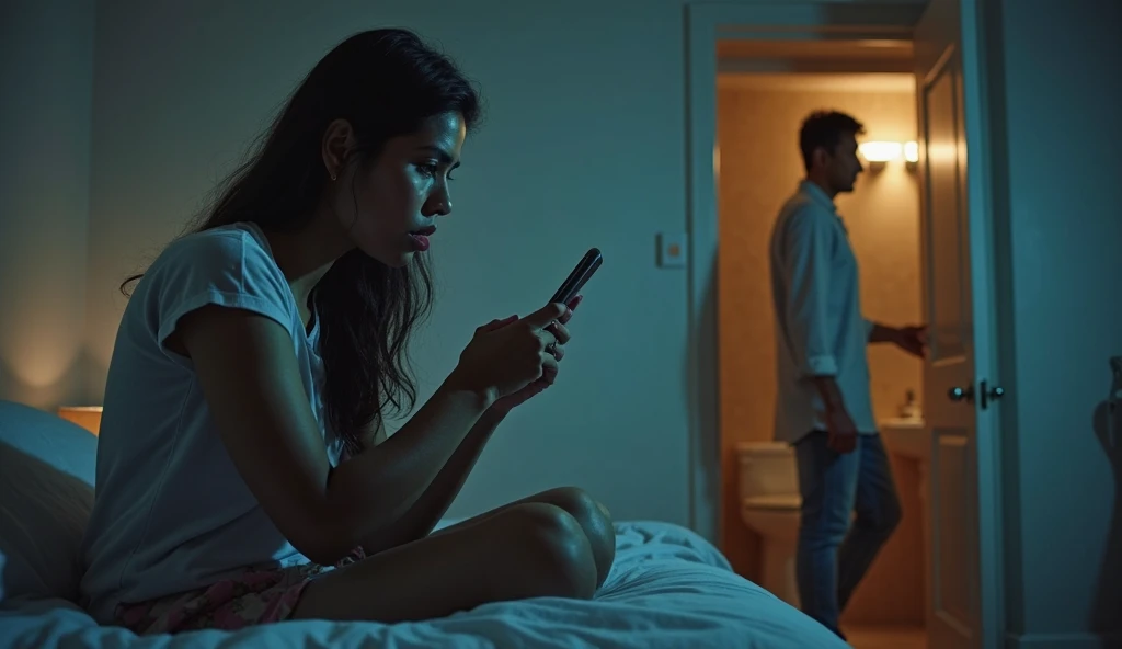 dramatic scene where a son found out that his mother has a naked picture in her phone, son blackmailing mother to undress, mother embarrassed, the mother is a beautiful indonesian woman, with features similar to Nora danish (40 yo beautiful celebrity, woman with slim body and medium saging breast mid short hair), 15 yo teenage nerd boy, the mother kneeling in front of his son, begging her son to forgive her. mother is wear hijab, she wear black victoria secret sexy lingerie and has an ashamed expression on her face. The son naked and show his cellphone to his mother, the mother pleads with tears in his eyes,the scene is captured in the living room at afternoon, intense emotions, cinematic, gritty realistic style, chiaroscuro lighting, intense facial expressions, vulnerable poses, sensitive content, powerful storytelling