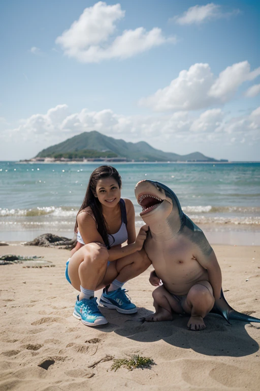 there is a woman in bikini standing next to a turtle, in bikini, full body photo in bikini, wearing a bikini de elastano, wearing two piece swimsuit, in bikini, Quadris mais largos, Quadris mais largos, wearing a bikini, quadris insanamente inflados, quadris largos, she is in a swimsuit, her navel is exposed, realistic bikini. Mulher com pele branca e cabelos escuros. ela tem cerca de 35 anos. your lips are slightly plump, your eyes are dark brown. Corpo fino, cintura fina. Altamente realista, Lindo, slightly full lips, batom cor de rosa, sorridente, hiperrealismo, pele muito elaborada. foto de corpo inteiro, Limpar foto, alta qualidade, high resolution, obra de arte, 8k.