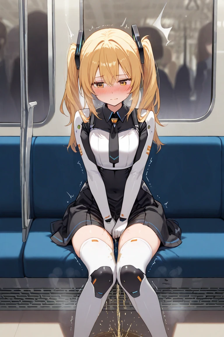 girl,uniform,No panties,vagina,Pussy,Background train interior,crowd,Pissing, pissing, pissing, dripping pussy juice,Possessing a futuristic firearm,Long twin tails,cute