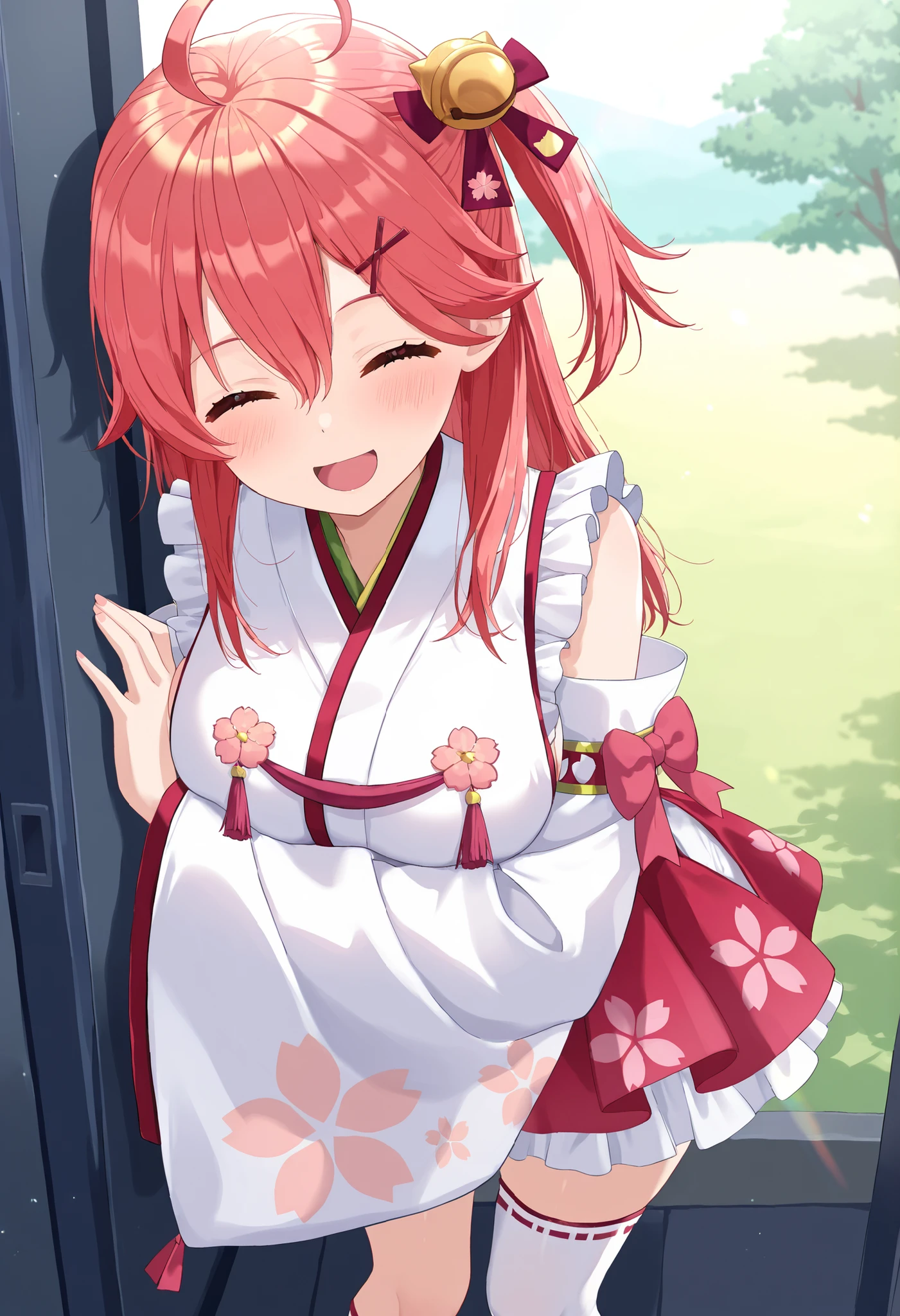 masterpiece, best quality, highres, miko1, sakura_miko, young_1teen_girl, large_breasts, solo, ahoge, x_hair_ornament, light_red_hair,blush, floral print, hairclip,(side_less_clothes:1.5), side_breasts, hair_bell, floral print, long_hair, hair between eyes, one side up, white thighhighs, asymmetrical legwear, wide sleeves, open_small_mouth,happy,closed_eyes,big_smile,(overly_long_sleeves:1.3),),sleeves_past_wrists,hands_hidden_sleeves,sidelock_clothes,solo,hidden_wrists,sunlight,cherryblossom_temple_landscape_background,rise_arms,raise_arms,dynamic_standing ,EyeDetailerXL,sunlight,,looking_viewer,close-up_face, girl_hugging_viewer,