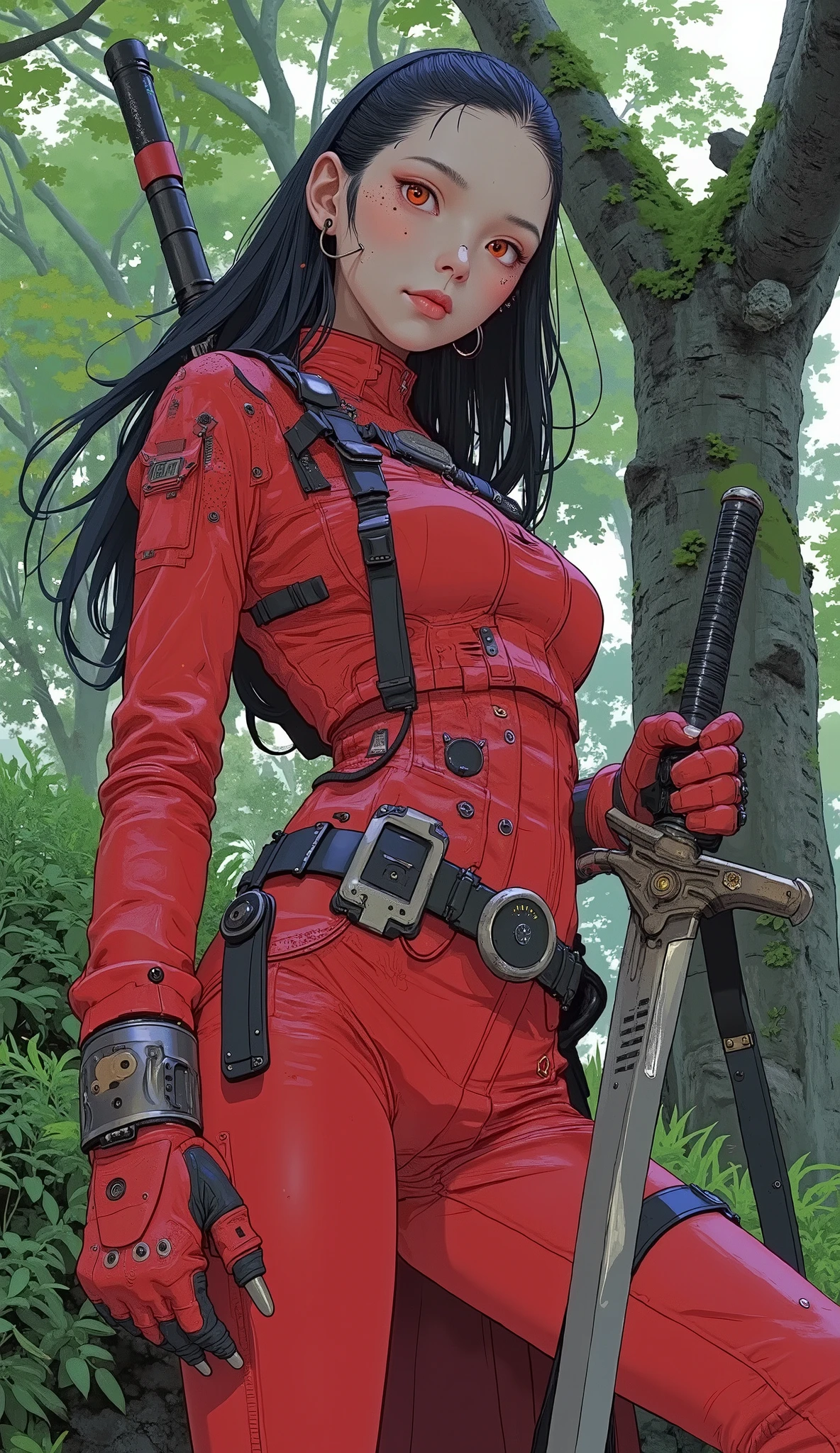 Carafe woman in red leather costume posing with a sword, supervillain as Park Shin-hye, King of Fighters characters, Katana Zero Video Game Characters, Tekken characters , Yaoi Kasuma , Tan Xinyun Sandara in the role of a woman in Arafe, Asuka, Red and black outfit!!!, Yoko Matsukane as Mai Shiranuhi