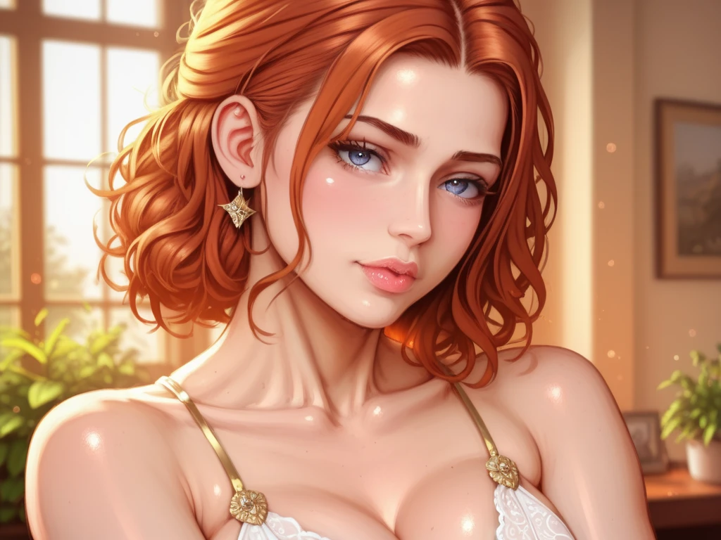 une femme de 25 ans, rousse, sexy, romantic smile, a lot of details, dans un sauna, transpirante, lingerie en coton, bare shoulders