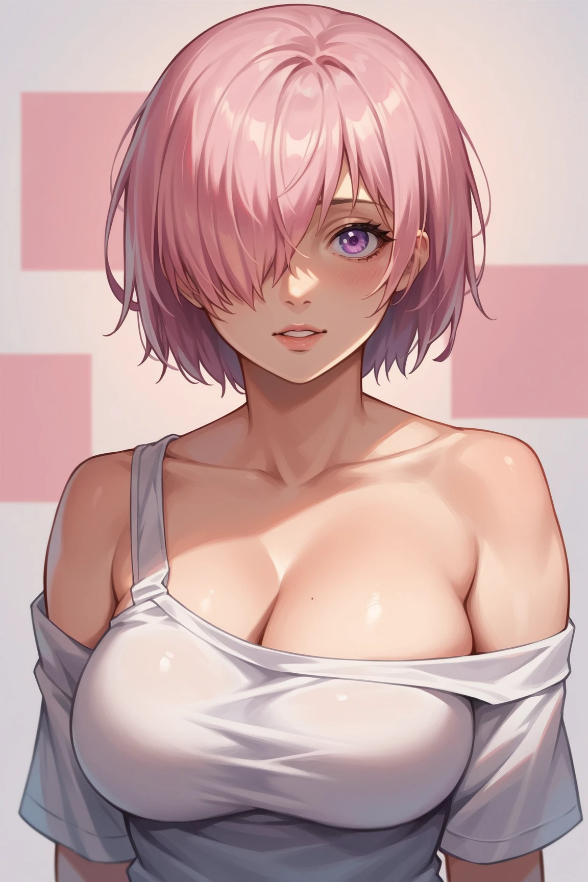 ((((Obra maestra, La mejor calidad, High resolution)))), 1girl, cana, purple eyes, Bob Cut, cabello ondulado, Pechos promedio, sonrojarse, sonrisa ligera, labios separados, resplandecer, Muslos, hombros desnudos, 鎖骨, cintura estrecha, escote, (Obra maestra), (Hermosa cara detallada, hermosos ojos detallados), (Delantal desnudo, cocina, arms behind back,)