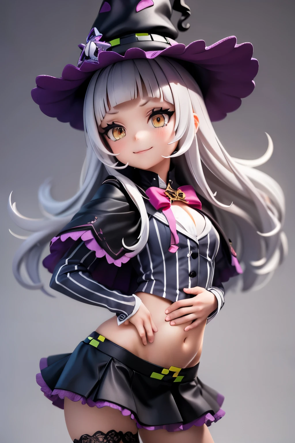 solo, masterpiece, Highest Quality, Good move, , smile, closed mouth, belly button, superior, fashion, 1 girl, long hair, (Knot:1.1), Short eyebrows, small breasts, headband, Witch's Hat, pink bow tie, Black Capelets, pinstripe shirt, long sleeve, superior, black skirt, miniskirt, striped thigh socks, yellow eyes, grey hair