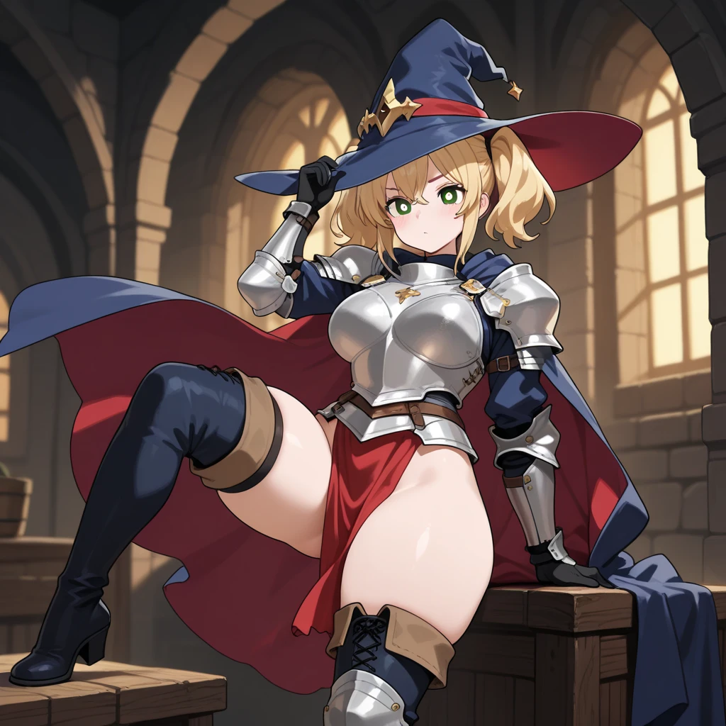 1 girl, alone, arms, sword, brown eyes, looking at the viewer, lips, put your hands on your hips, sheath, smile, knife, Upper body, closed mouth, sheathに包まれた,   Raise your hand with short blonde hair、wearing a black high-leg leotard、cowboy shot、wearing black knee-high socks、in armor,blue cloak、beret、full body portrait