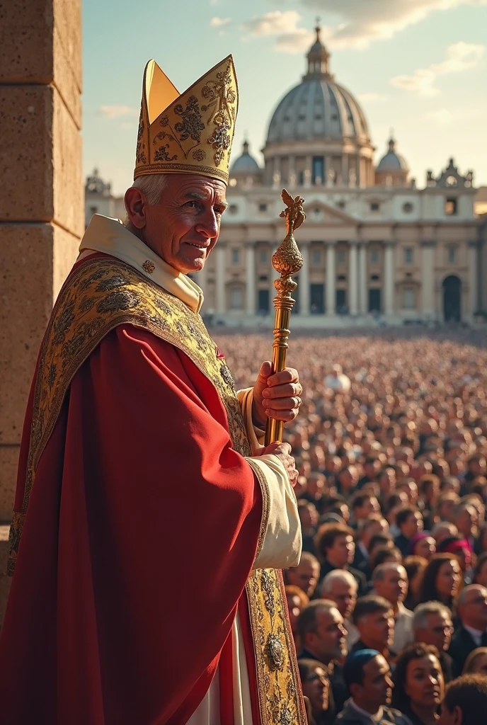Scene set in St. Peter's Square in the Vatican. The focal point of this image is the Pope and the brown leather laceless, zippered, high-top boots that the Pope is wearing. The Pope wears a white robe with a mantle and holds a long papal staff. The backdrop is St. Peter's Square in the Vatican filled with people. The scene captures the moment of religious significance and the historical and artistic richness of St. Peter's Square. Ultrarealistic Ultrarealistic photo, 16k, ultra high resolution, photorealistic, Ultra HD