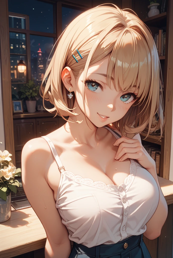 ((((masterpiece, best quality, high resolution)))), Extremely detailed 8K, Beautiful girl with slender body, (Ultra HD, Ultra-detailed, Highly detailed, Highly realistic, Ultra-realistic, photograph realistic), (1girl:1.5), (Realistic white hair), short wavy hair, bob cut, (dynamic poses), facing at camera, light smile, purple eyes, average breasts, cleavage, (beautiful detailed face, beautiful detailed eyes), fluffy off-shoulder yukata, summer festival in background, cityscape scenery, street, night light, night time