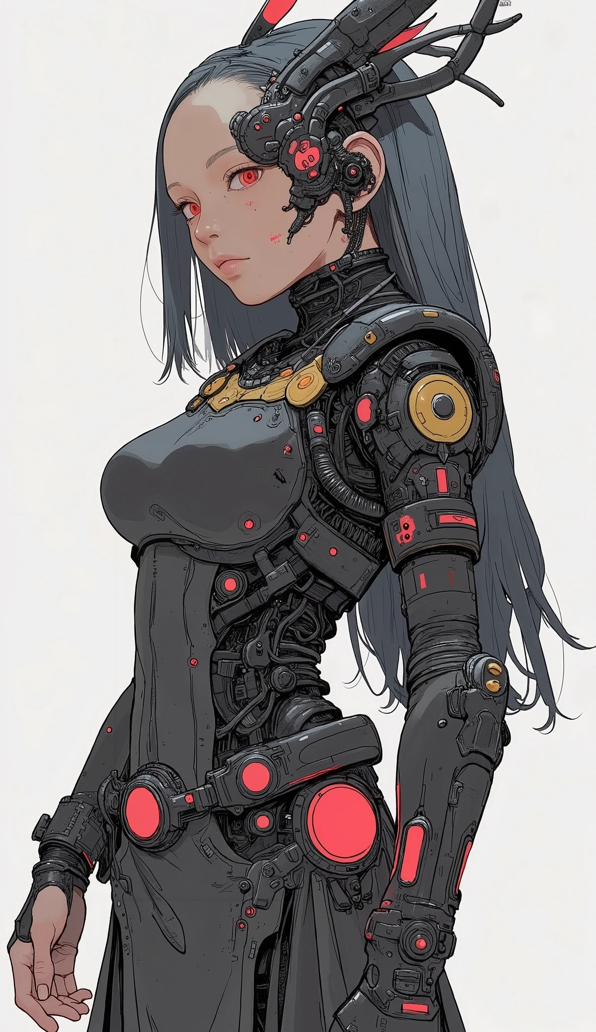 person with elaborate costume, futuristic costume drawing, exudes a strong and majestic presence. Costumes are mostly black、impressive red accents, armor-like elements and intricate gold trims that complement the overall noble and refined design. the fabric is smooth and fits the body, emphasizes the figure's body outline, on the other hand、the armor segment adds complexity and strength to the ensemble. The character's long, flowing hair flowing down the back, Contributing to a dynamic and dramatic effect. The hand is positioned as if adjusting a headpiece, has a sharp, sharp, and sophisticated decorative design, V-shaped emblem. A high-tech belt adorned with a circular device around the waist Fixed, suggests a function or purpose that goes beyond mere decoration. The overall vibe of the image、represents strength and authority, is conveyed by bold colors and detailed costume elements.