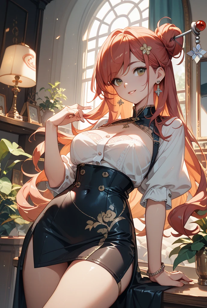 (alta qualidade, high resolution:1.3), 4k, obra de arte, fundo detalhado, sofa, dentro de casa, QUEBRA 1 garota, Sozinho, guinaifeno, red vestir, sentado, Cabelo longo, (rabo de cavalo lateral:1.1), cabelo laranja, Ombros nus, enfeite de cabelo, flor de cabelo, olhos amarelos, seios pequenos, Coxas, olhando para o espectador, sorriso, vestir, gargantilha, clavicle,
