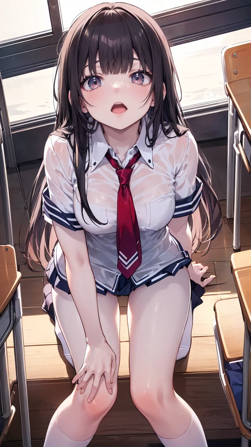 (masterpiece, best quality:1.2),illustration,8k,hd,1girl,solo,upper body,(portrait:1.2),horns,large breasts,very long hair,black hair,skirt,bow,pleated skirt,white shirt,red bowtie,short sleeves,collared shirt,parted bangs,(((shiny skin))),(summer sailor uniform, serafuku, red butterfly tie, naby pleated micro skirt, celeste string panties), sitting, squatting, spreading legs, (((torn clothes, dripping wet clothes))), white long loose socks