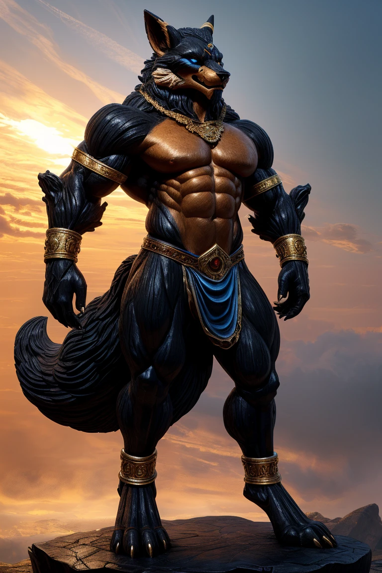 a giant jet black gigantically muscular anthro sergal laying on his back in medieval bedchamber, his gigantic hyper giant penis is erect in the air, huge exxagerated proportions, shiny velvet fur, his huge balls rest heavily on the bed,. he has huge round pecs, , massive arms, big thick thighs, broad shoulders. his giant arms are above his head. hes wearing a black harness with super thick straps, belly , legs wide, small head, huge black glossy nipples pierced, big long tail, lots of gold jewellrry, surrounded by gold trinkets, muzzle tied shut with strap, dynamic mischevious pose, side view, wide angle lens,
