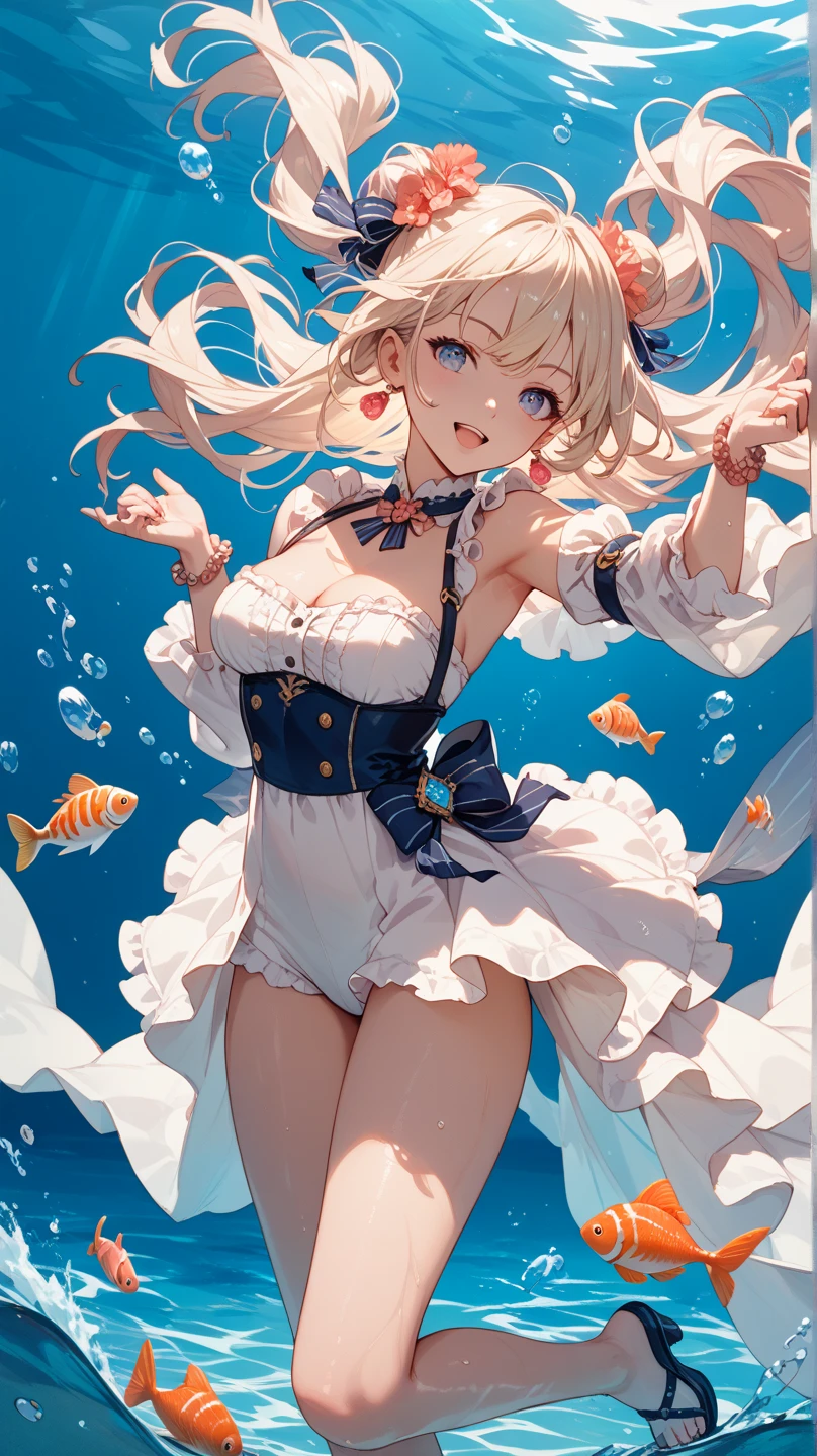 Jellyfish hat, jellyfish nipple seal, bikini and jellyfish fusion, active pose, natural luminescence, night sea, pigtails, small breasts, lower breasts, female brat, thick eyebrows, thin waist, beautiful blonde, braid, (masterpiece), ((highest quality)), (super detailed), girl, (beautiful eyes)), beautiful detailed eyes, clean and detailed face, five fingers, textile shading, perfect anatomy,
