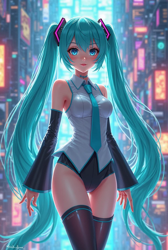 Super detailed, NSFW, masterpiece, High resolution, Photorealistic digital art, perfect lighting, (((1 girl, perfect anatomy))), accurate right hand, accurate left hand, five fingers, perfect style, hatsune miku, 3d face, big light blue-green eyes, glossy lips, blue-green long hair, shiny skin, smile, (((twin tails))), big square hair accessories, city, night, (((sexy white bodycon outfit))), open mouth smile, blush, sweaty, Disco Stage, Dance with strides, View from below,