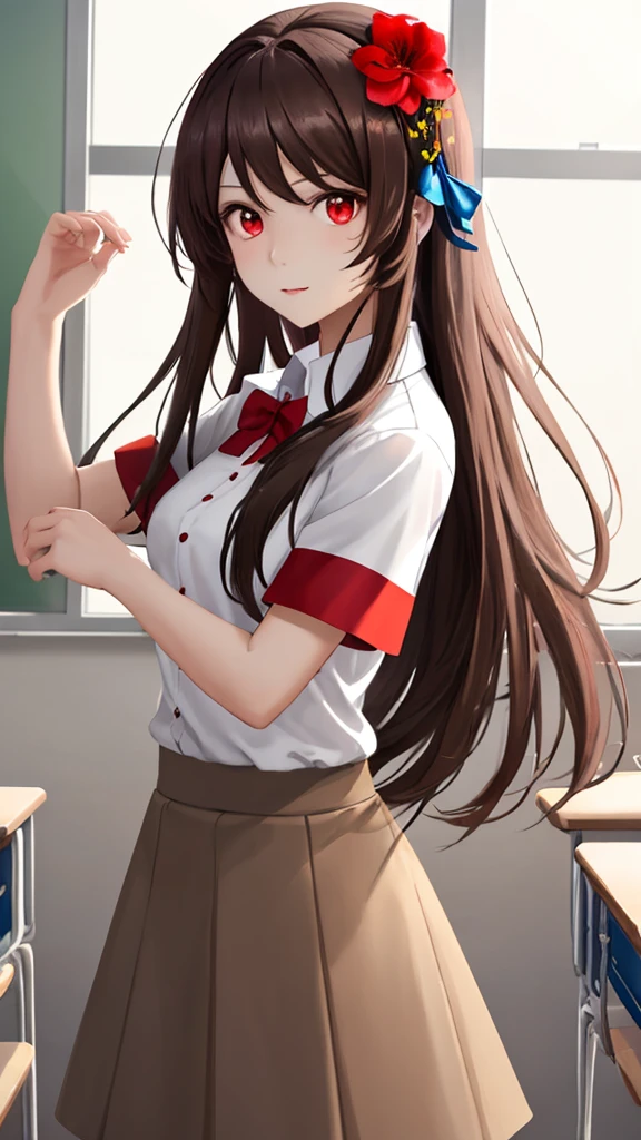 1girl,20y.o,school outfit,brown hair,mullet haircut,long hair,ponytail hairstyle,light red eyes,classroom background,an annoyed smile