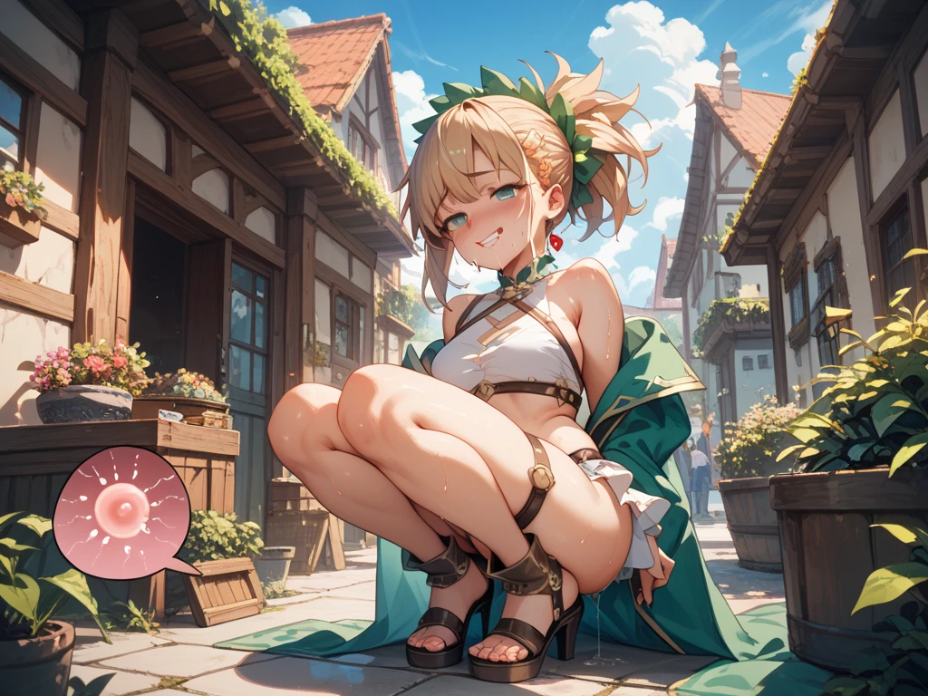 (8K, ultra-detailed, best quality, anatomically perfect body:1.5), (small breast:1.2), shiny skin, sage_(dq3), (have to pee:1.1), (urge to pee:1.2), (peeing self:0.8), (pp clothes:0.7), (very desperate to pee:1.3), (castle), (squatting), (long white dress:1.4), (yellow gloves, yellow boots:1.1), (long hair, blue hair:1.3), red eyes, (belt, cape, cloak, circlet, bare shoulders), cleavage, Drop the staff, (knees together and feet apart:1.5), (Rub each other's knees:1.2), (leaning forward:1.2), (hand between legs:1.2), (holding the crotch:1.5), (orgasm:1.1), (blush:1.3), (embarrassment:1.3), (impatience:1.2), (flustered:1.2), (fidgeting around:1.3), flowing sweat, (erotic waist twist:1.3), (panting), (breathless:1.2), Erotic feelings, (close eyes, closed mouth:0.9), looking away, (upskirt:1.2), nsfw, 