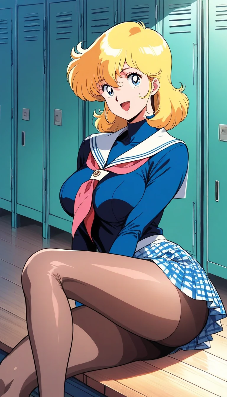 Tanya Degurechaff, makeup, pink eyeshadow, red lipstick, yellow hair, Sailor Mercury hair, ponytail, short hair, mini skirt, beautiful, (masterpiece:1.2), (best quality:1.2), perfect eyes, perfect face, perfect lighting, 1girl, cropped legs, curvy, Sailor Mercury outfit, exposed midriff, white croptop, Chest bow, Tiara, long gloves, White Thighhighs, choker, hand on hip, huge breasts, smile, solo, thick thighs, Point of view from below, Can be seen under mini skirt, Exposed panties, showing panties and super tight thong