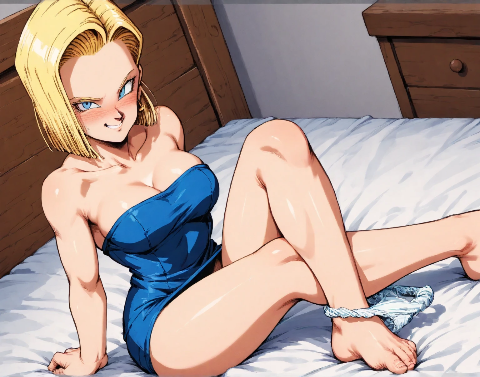 rating explicit, olivier mira armstrong, full body, blue bra, blue pants, sit in sofa