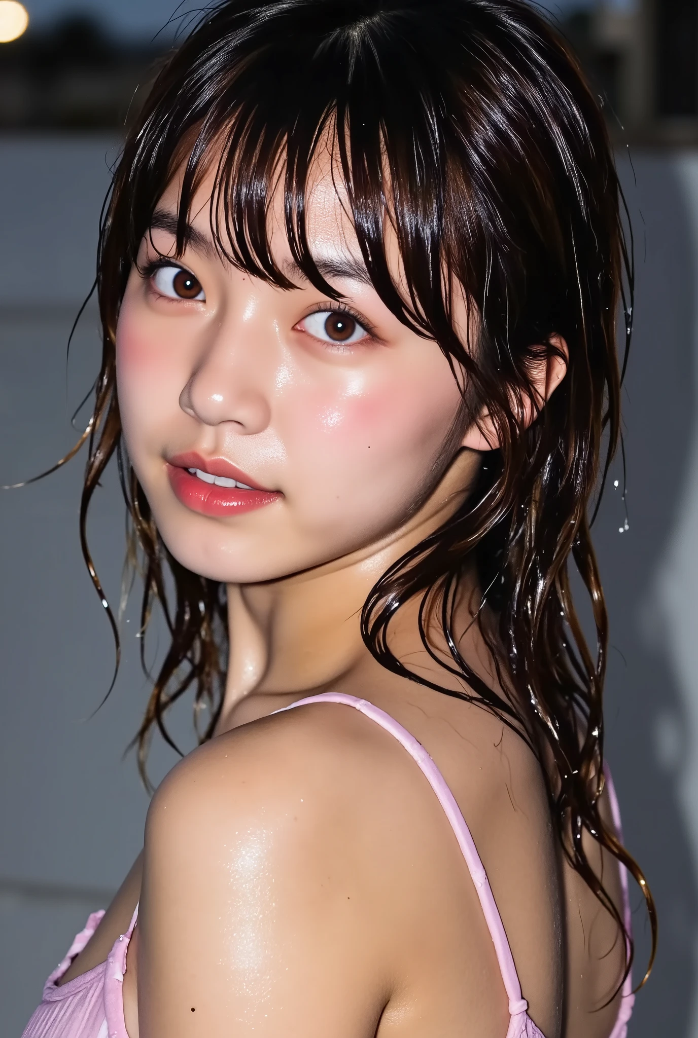 (8K, RAW Photos, Highest quality, masterpiece: 1.4), (Realistic, photoRealistic: 1.4), Super detailed, Ultra-high resolution, One Girl, Beholder, Beautifully detailed face, smile, (Slim waist: 1.0), Beautifully detailed skin, Skin Texture, Floating Hair, Professional Lighting, Middle Chest, Kind eyes,(small breasts:1.7), (beautiful wet nipples:1.6),(undressing:1.9), (:1.0), (law panty:1.5), (sleeveless wet blouse:1.25),(Feather Cut:1.0), (petite:1.0),(upper body:1.0)