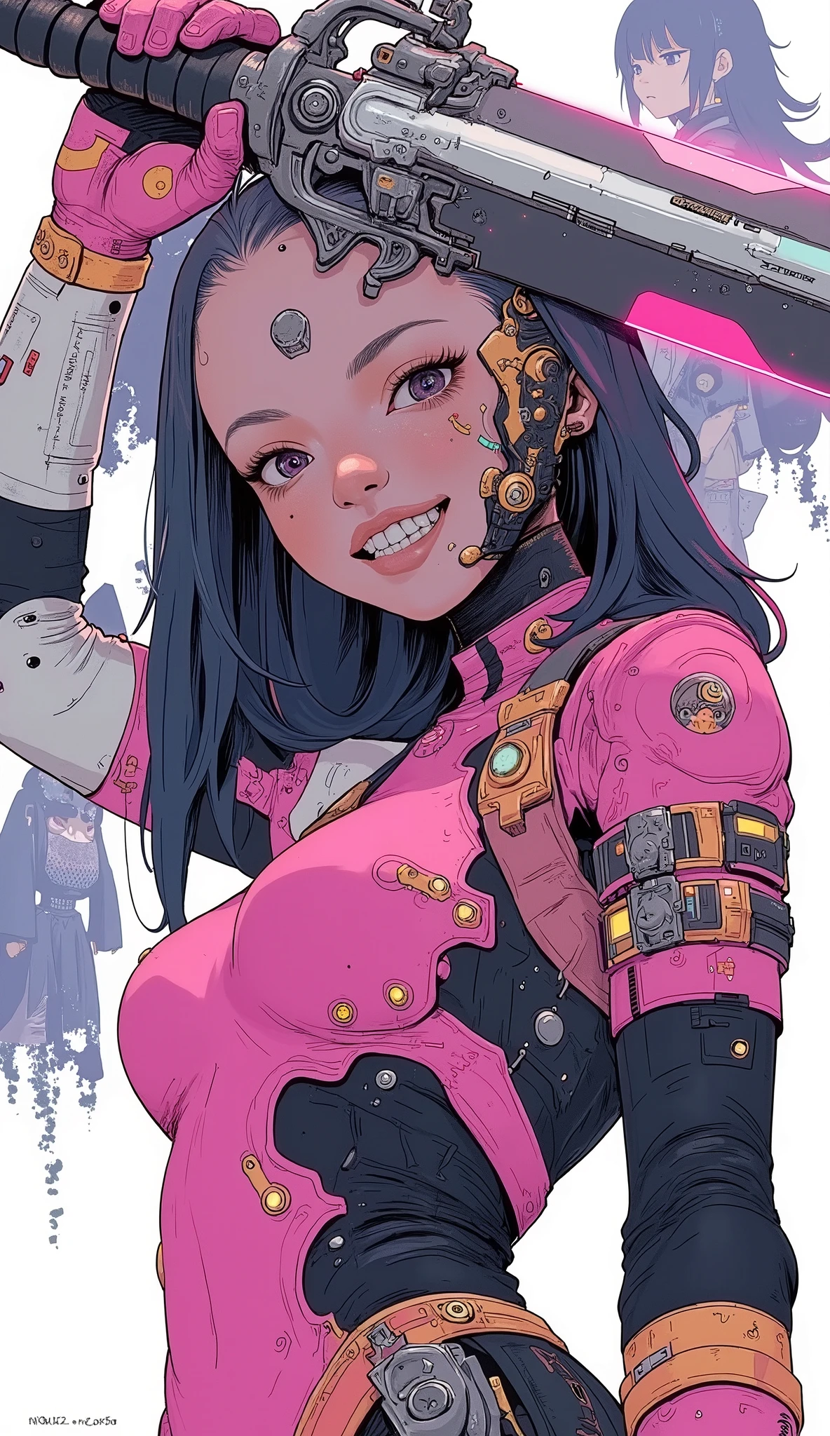 An impressive image of a character in a dynamic pose, features vibrant colors and action-oriented aesthetics. 焦点teethスタイリッシュなピンクを身に着けている女性像ですコスチューム, is reminiscent of a superhero or action character, with black accents and gold trim. 彼女teeth印象的な, an oversized sword placed large above her head, teeth、suggests calm preparation and power. Her Hair, Dark and shiny, flowing down her back, The、exudes dramatic sense. 彼女の衣装の過度に光沢のある質感teeth、exudes an artificial feel and comic book fashion. 彼女のスタンスteeth、Strength and agility, Action Themes . 背景にteeth、abstract patterns and costumes Another figure wearing it, alludes to teamwork and action-packed storylines. ムードteeth、suggests intensity and preparedness for battle。, is depicted 、Surrounding elements have subtle clues to friendship and team dynamics.