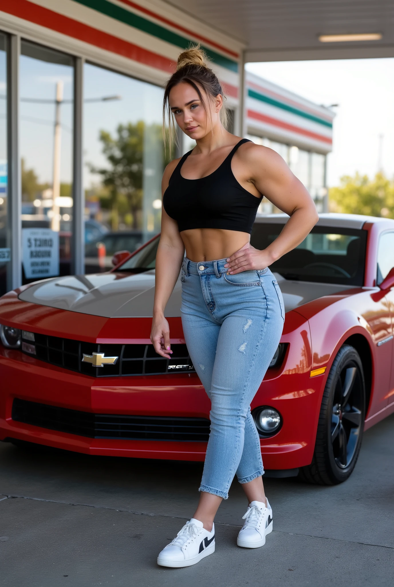 Scandinavian blonde woman, cabelo claro, messy bun, clear tanned skin, cintura fina, quadril grande, pernas musculosas, larger-than-normal butt, e redondos, Leaning with attitude in front of a sports car (Camaro SS), in front of an urban convenience store (7-Eleven). Ela veste um cropped, tight jeans and white sneakers, light makeup and confident expression . The urban setting is illuminated by diffused natural light late afternoon, highlighting the details of the car and leather. The composition transmits power , sensualidade, com contraste forte, slightly blurred background and shine in the reflections of the car. The style recalls an urban fashion editorial with a cinematic touch.
Basic Panel (Basic)
Temperatura (Temp): +18
Hue (Tint): +5
Exposure (Exposure): +0.35
Contrast (Contrast): +30
Highlights (Highlights): -40
Shadows (Shadows): +40
White (Whites): +20
Black (Blacks): -20
Presence (Presence)
Textura: +15
Clarity (Clarity): +20
Haze Removal (Dehaze): +8
Vividity (Vibrance): +30
saturation (Saturation): +10
Tone Curve
Sharper “S” curve for dynamic contrast
Tall highlights: slight magnification
Average: subtle drop
Shadows: pulled down
HSL / Color
Orange (pele): saturation +15 | Luminosidade +10
Red (vestido/touca): saturation +25 | Luminosity -10
Yellow (carro): saturation +20 | Luminosidade +5
Blue: saturation -20 | Luminosidade +15
Purple/Magenta: saturation -10 (se presentes)
Tone Division (Color Grading)
Realces (Highlights): tons dourados (Hue 45 / Saturation 25)
Sombras: azul escuro (Hue 220 / Saturation 20)
balance: -20 (to favor warm tones)
Details
Sharpness (Sharpening): 70
Noise reduction (Noise Reduction): 15
Color noise reduction: 20
Lens Corrections
Activate profile correction: ✅
Remove chromatic aberration: ✅
Effects
Vignette (Vignette): -10 (sutil)
grain (Grain): 0 (limpo)
