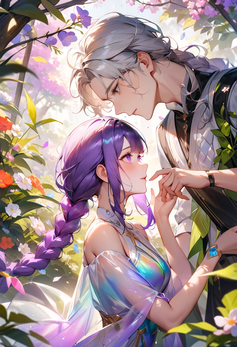 Night view, (A couple, beautiful girl and boy), Big watery eyes, Look at each other, purple hair,purple eyes,very long hair,grey hair,double braid,large breasts,gradient hair, Bathe near the waterfall, The body is soaked in water, Wearing white clothes, Fine hair, Wear fashionable clothing, Flowing tulle,, Wet hair, cheer up, Tempting face, No, Stone, Purified water, Water on the body,  Look up at the sky and smile, Beautiful Face, 40s, Soft volumetric light, (Backlight: 1.3), (Movie: 1.3), Intricate details, (art station: 1.3).