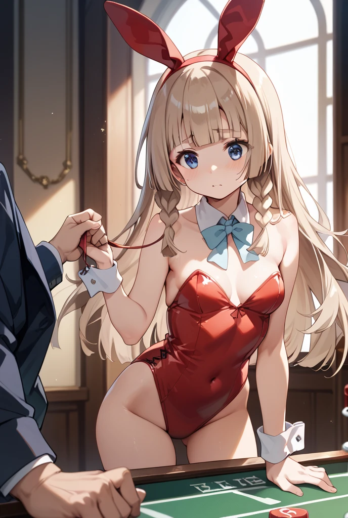 NSFW,1 girl,nao tomori,(Playboy Bunny:1.5),Fishnet tights,Streaks,(Perfect hands),(Perfect Anatomy),(masterpiece),(highest quality),Embarrassed,blush,School,classroom,Festivals