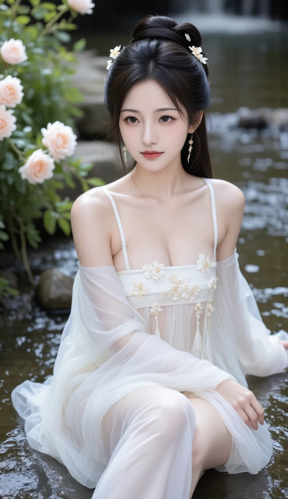 Beautiful woman with perfect body:1.4,layered hairstyle,prominent cleavage,white hanfu:1.5,ultra short pleated skirt,whole body,Highly detailed facial and skin textures,double eyelids,whiten skin,long hair