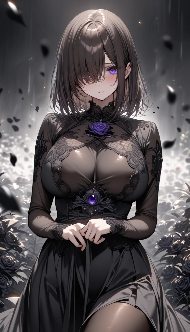 Milf, one women, massive breasts, black gown, short hair, purple eyes, earrings