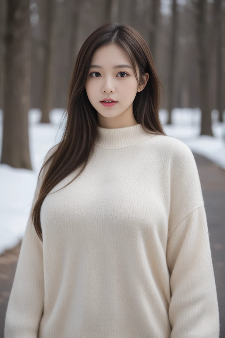 She is wearing a thick sweater，Open your mouth to reveal your tongue，Moist lips，sexy red lips，huge breasts，huge sexy ，Outlet water，playing in the snow
