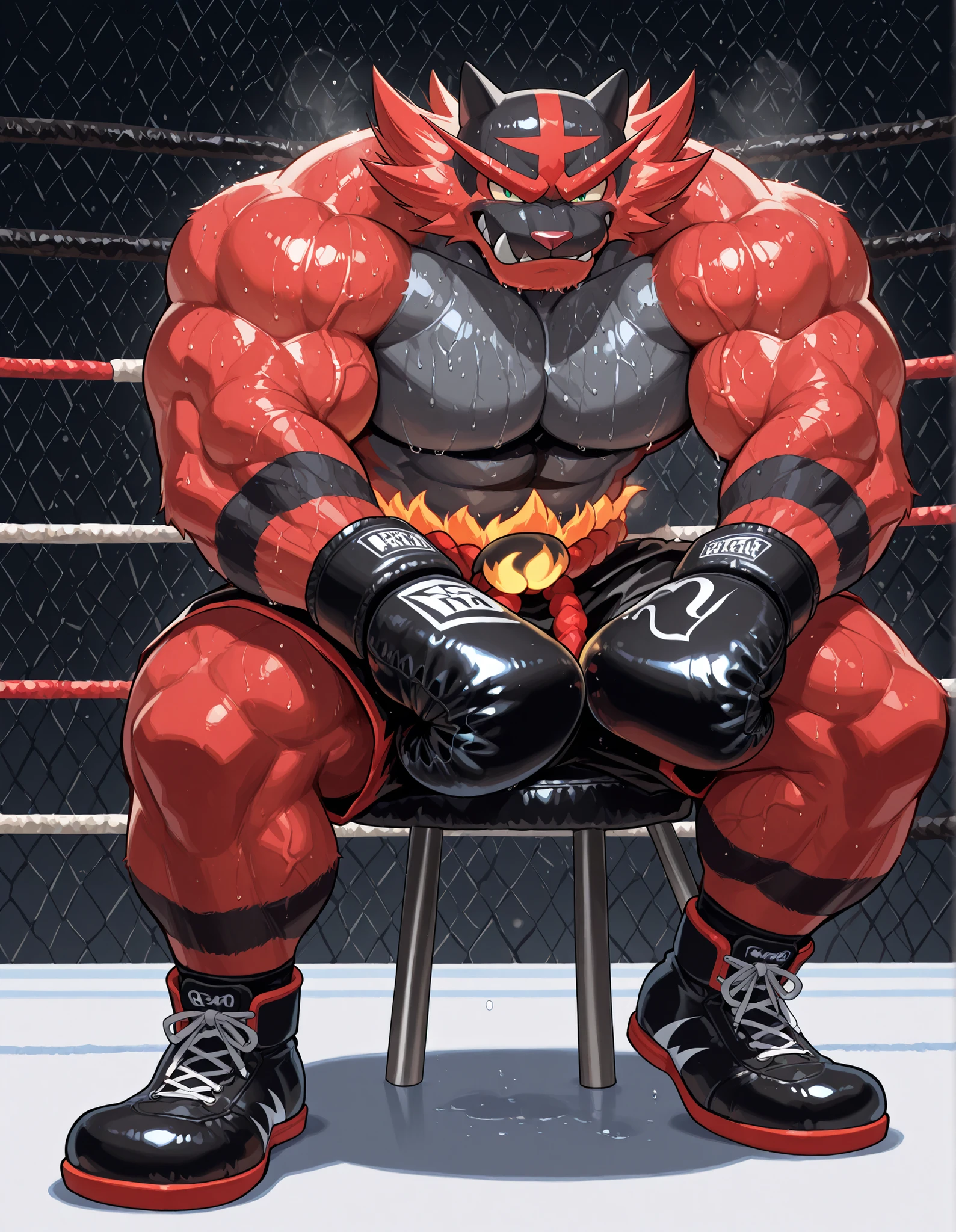 Incineroar, anthro male, high quality, full body, looking at viewer, solo, boxing ring background, black boxing gloves, thick very veiny arms, very muscular, black boxing shorts, black boxing shoes, heavyweight boxing champion, glistening fur, sweaty, brutal expression, steam, sitting on a stool, brutal eyes, gear up with fighting spirit, shirtless, rest your elbows on the ring rope, b0xingp0v