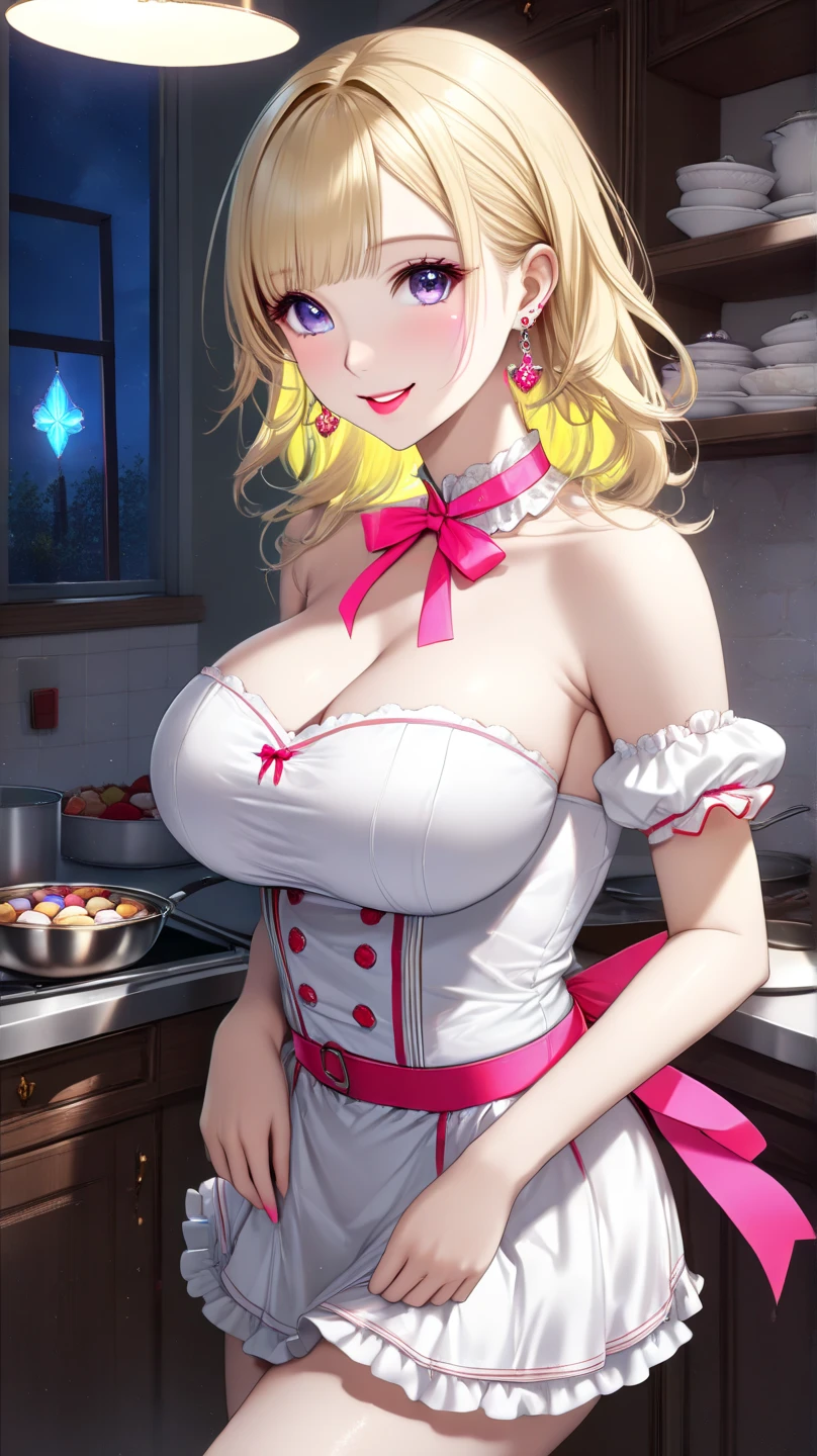 Large Breasts Wearing only a gown Making an omelette