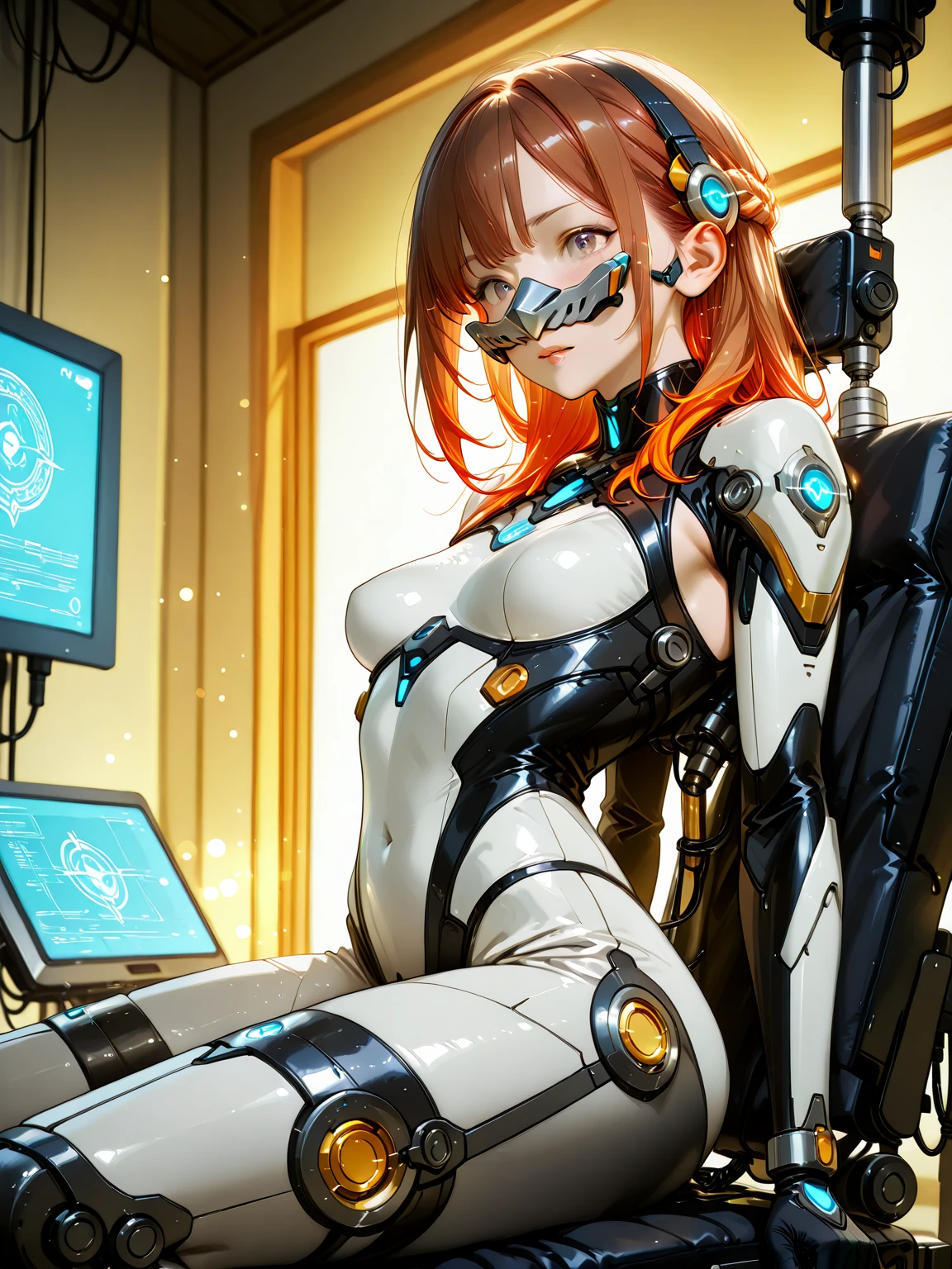 sexy robotic girl with short orange hair, on her back, with a big ass inside a spaceship driving and programming on a laptop
