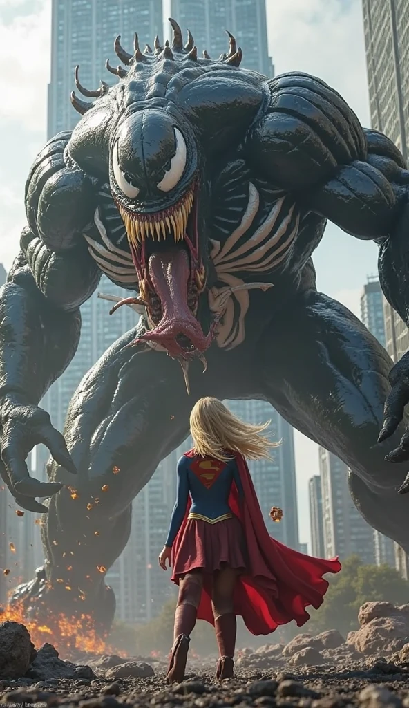 Giant Venom attacking Spider-Woman in a city with a slightly destroyed environment, and some burning things