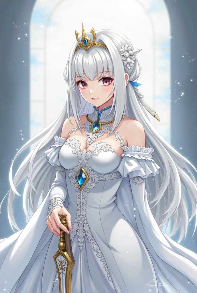 Anime style teenage girl, height of 1.70m, beautiful long hair, elegant, well-groomed and combed silver-colored hair, with long straight bangs, thin-faced, elegant y serio, cold-eyed, Seriously and with disinterest, sharp-eyed, finos y elegants de color arcoiris (the seven colors in each eye displayed in a blurred manner), with long eyelashes, Thin neck, with white and smooth skin, red lips that can't smile, with straight posture, fina y elegant, She is wearing a royal dress worthy of, elegant, fine light blue, Marking and showing her big breasts, with a thin waist and big hips. Worthy of the nickname ice queen.