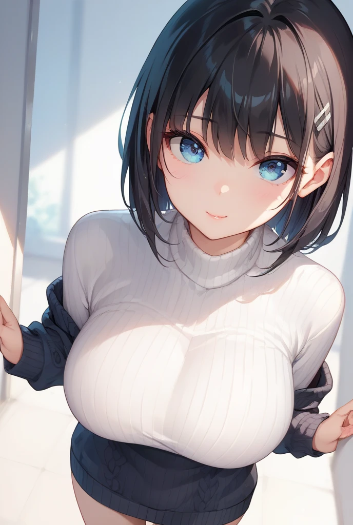 (best quality), (super detailed), (best Illustration), (masterpiece), (nsfw), high contrast, (1woman), solo, (hands on own chest), {(white serafuku), (clothes lift:1.2), show off breast, show off nipples}, (large breasts:1.2), {brown hair, (sideburns), (bob cut:1.3), curly hair, hairs between eyes, colored inner hair}, {(detailed eyes), blue eyes}, nose blush, earring, wind, indoor