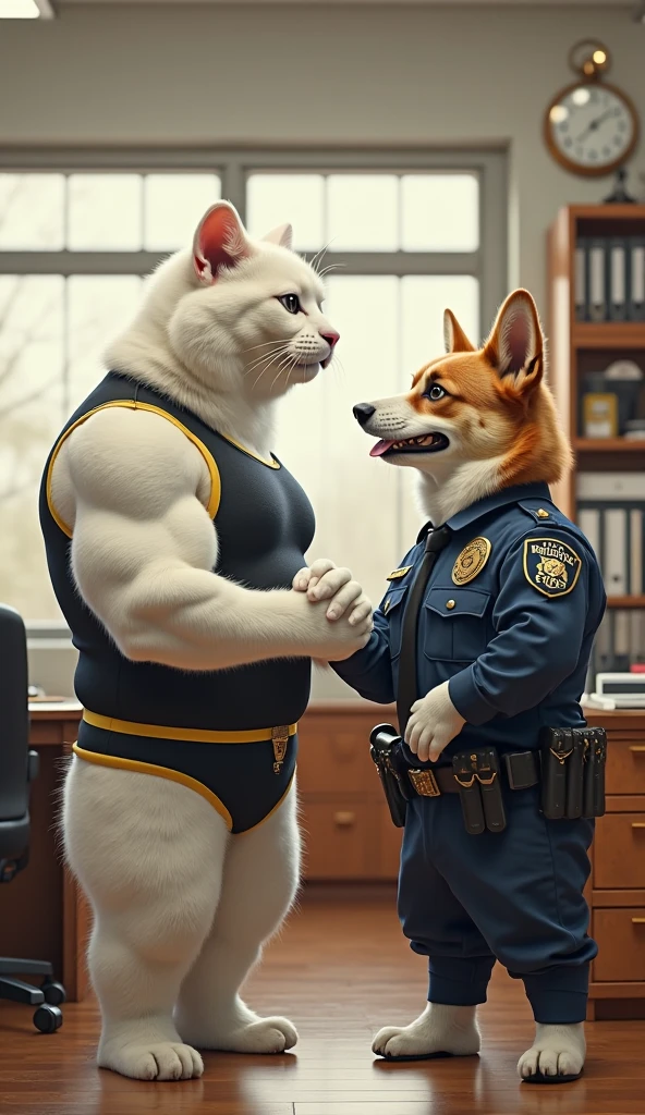 a digital art of a muscular dog graffitiing a W, behind him a dog like a police officer with a club in his hand ready to approach him