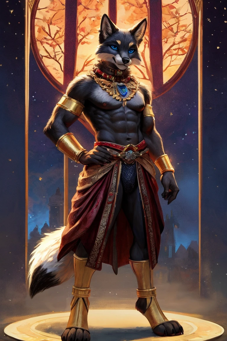 Create an image of Jamir, the Neutral deity of Knowledge, Deception, The Stars, Music, and Trickery, as a majestic jaguar humanoid figure with glowing eyes, draped in a hide of the same pattern. The image should reflect his celestial nature and mischievous personality, with a stylized jaguar paw symbol with seven stars arranged in a circular pattern. The art style should be reminiscent of D&D artist Wayne Reynolds, known for his detailed and fantastical illustrations of deities and creatures.