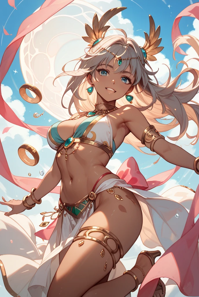 1girl, Angle from below:1.8, The girl bends forward to show off her breasts、legs apart, (Blade), (Tanned shiny black skin:1.6)、Glowing Eyes, ((Sexy evil grin)), (10 years old girl), blondes、Twin tails、forehead、Small breasts, hat, ((((arabian clothes, see-through)), (headband), (Areola Slip), small breasts, (jewelry)))、desert, ((sahara)), ((focus foot))、(手を頭の後ろで組む), (crotch), (foot),((foot)), 足の裏、(しゃがむ), ass