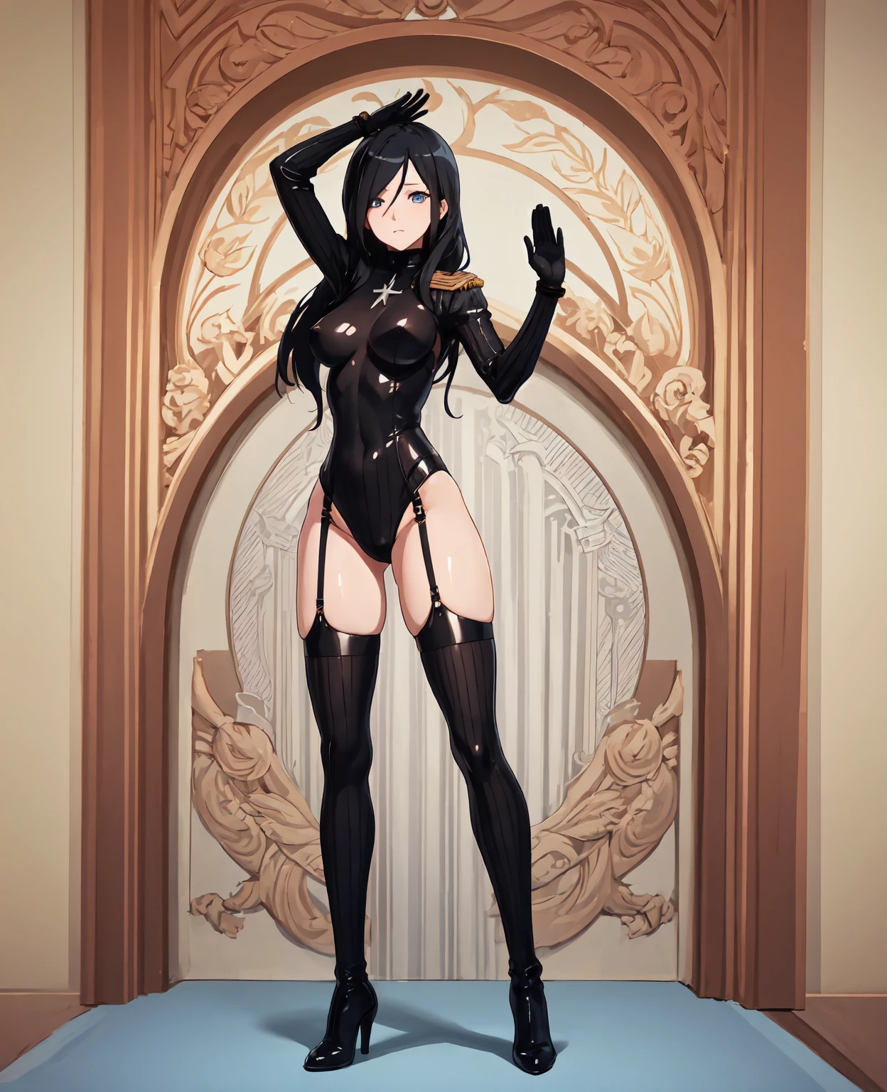 (masterpiece:1.4),(best quality:1.4), soft lighting, cinematic bloom, beautiful face, beautiful eyes, cowboy shot, studio, photo model,
Annerose, 1girl, solo, female mature, black hair, long hair, yellow eyes, large breasts, highleg leotard, black outfit, higheels, shiny clothes, skin tight, hair intakes, covered breasts, sideboob, extremely detailed character design CG unity 8k HDR, beautiful character design, professional art, (solo:1.5), (half body shot:1.1)